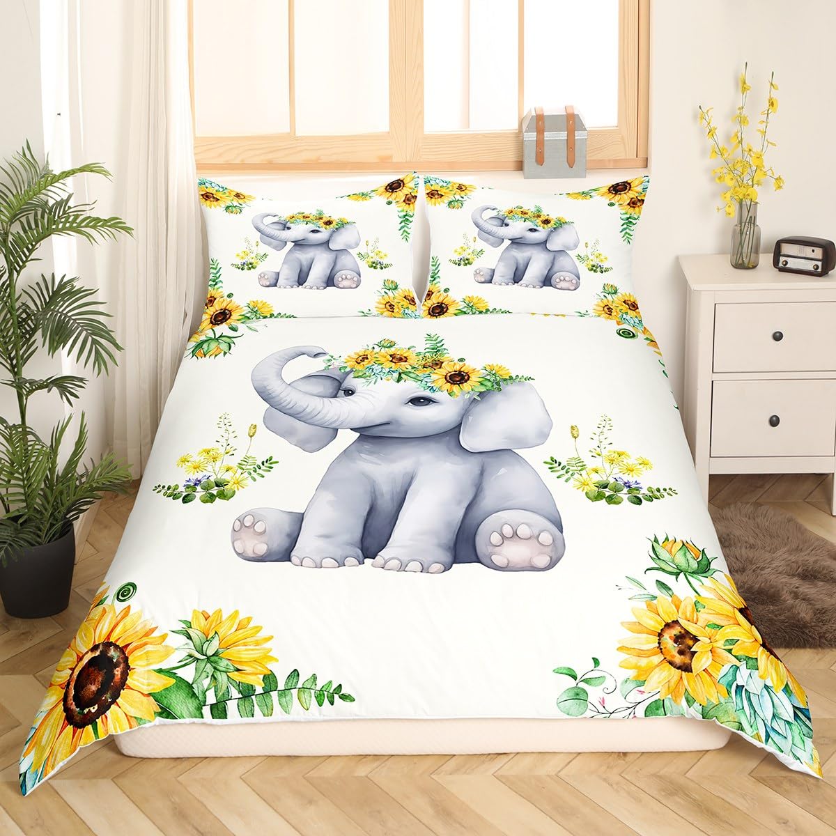 Cute Elephant Kids Duvet Cover Set King Size,Boys Girls Adults Cabin Decor,Sunflowers Plants Rustic Farmhouse Comforter Cover,Cartoon Animal Kawaii Bedding Set,Bright Quilt Cover,2 Pillowcases