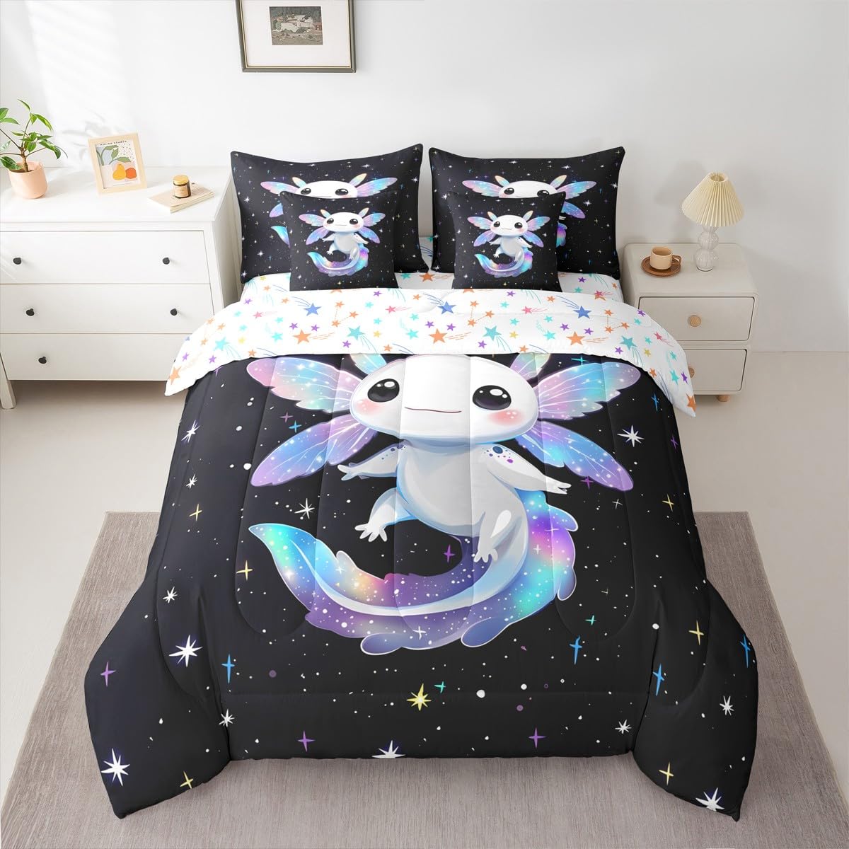 Colorful Axolotl Queen Comforter Set Kids Cute Rainbow Axolotl Bed in a Bag with Flat and Fitted Sheet Sparkle Starry Sky Stars Galaxy 7-Piece Bedding Set Lovely Salamander Quilt Duvet Sets
