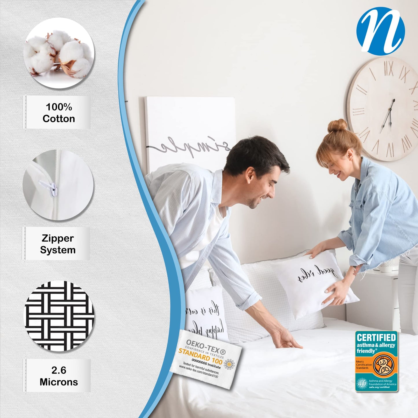 National Allergy 100% Cotton Queen Mattress Encasement 60x80x12, Hypoallergenic, Dust Proof Zippered 6-Sided Cover, Breathable, Noiseless Natural Cotton, AAFA Certified