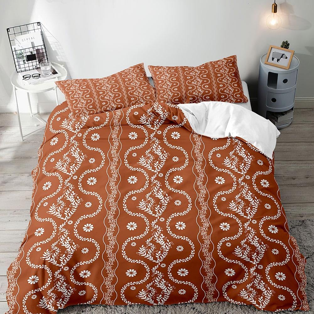 LUVIVIHOME 3PCS Burnt Orange Boho Duvet Cover King Bedding Set, Terracotta Duvet Cover, White Botanical Leaves Plant Floral Bedding, Country Rustic Farmhouse Bohemian Comforter Cover, 2 Pillow Cases