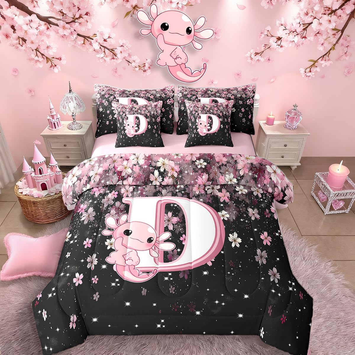 Erosebridal Japanese Cherry Blossom Bed in A Bag (Twin Size,7 Pieces) Cute Initial Axolotl Comforter Set with Sheets for Teen Girl Pink Axolotl Bedding Set with Letter D Design Monogram Duvet Insert