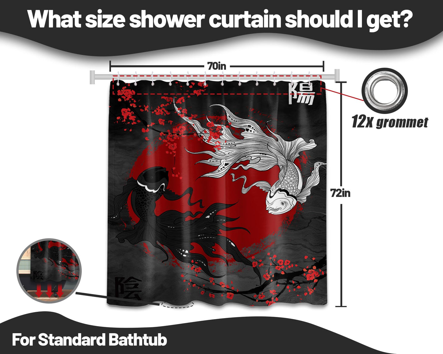 DLTAY Japanese Shower Curtain Black Red Koi Fish Yin Yang Decor 72 x 72 in