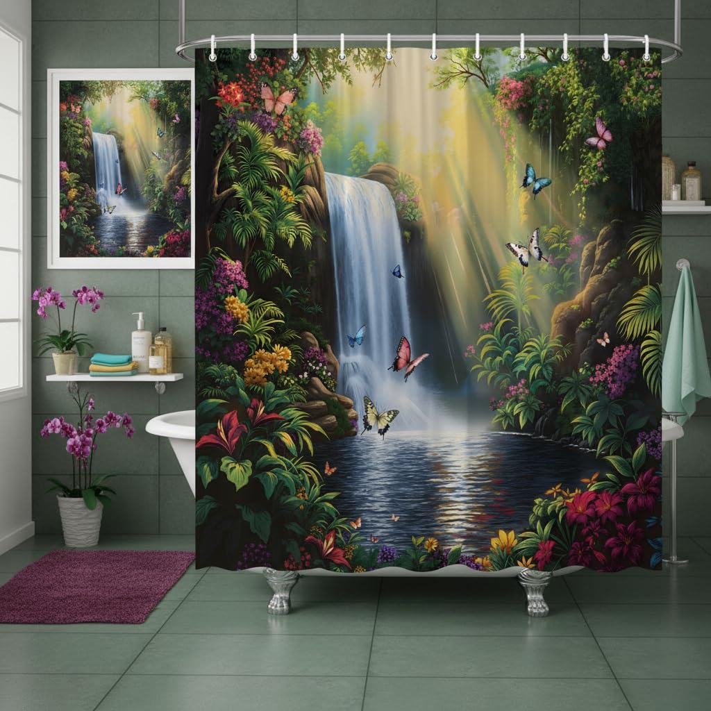 EUBTPA Tropical Waterfall Shower Curtain with Butterflies and Colorful Jungle Flowers, Nature Scenery Bathroom Decor Polyester Fabric Curtains 70X70 Inch