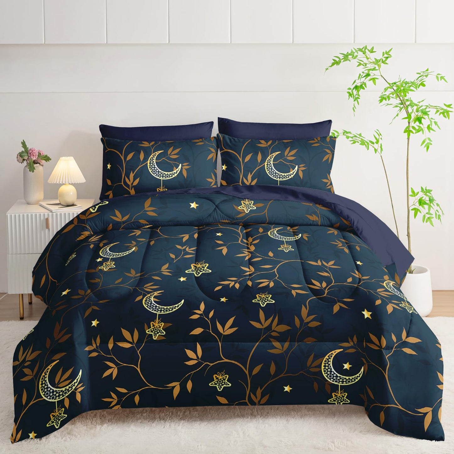 AILONEN Moon Comforter Set Full Size,7-Piece Navy Blue Gold Star Leaves Print Bedding Boho Bed in a Bag for Room Decor All Season Comforter & Fitted/Flat Sheet & 2 Pillowcases & 2 Shams