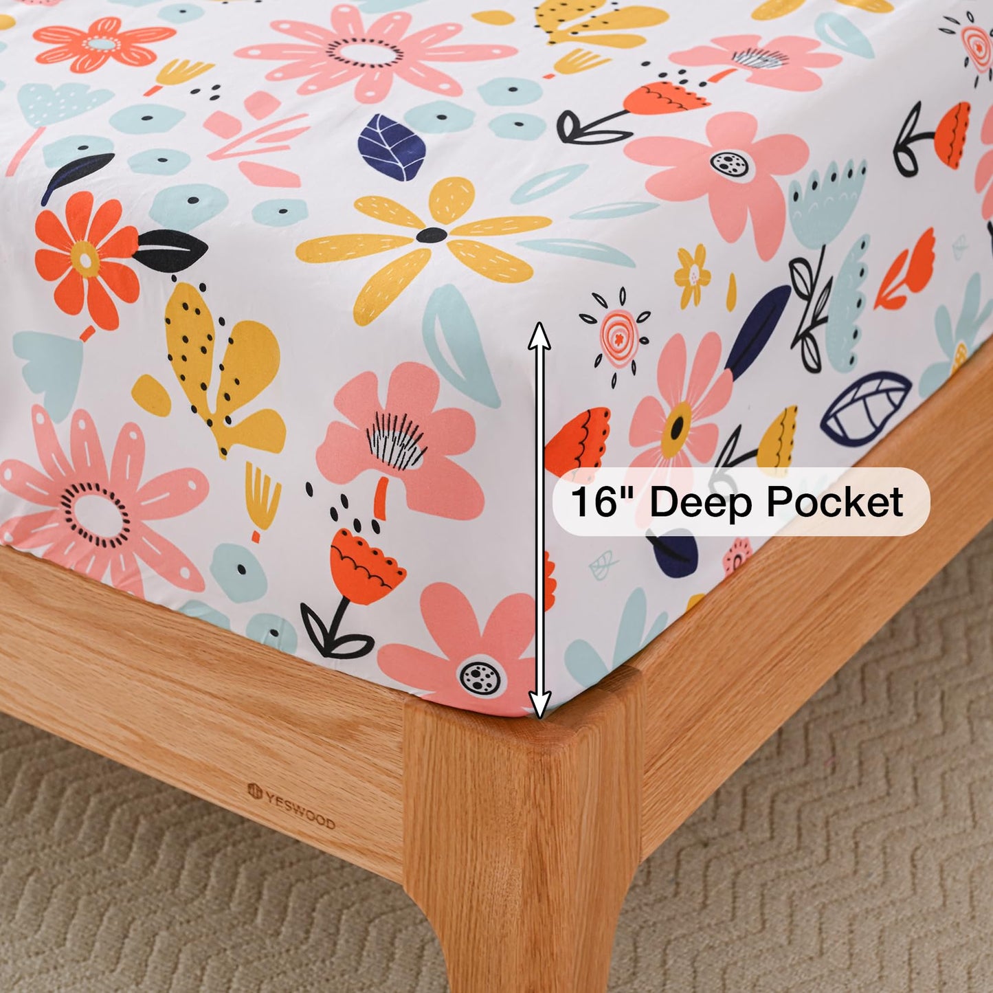 Yibeizi Floral Sheet Set for Girls, Full Size Kids Cute Flower Patterned Bedsheet Microfiber Deep Pocket Bedding Sheets & Pillowcases 4 Pieces