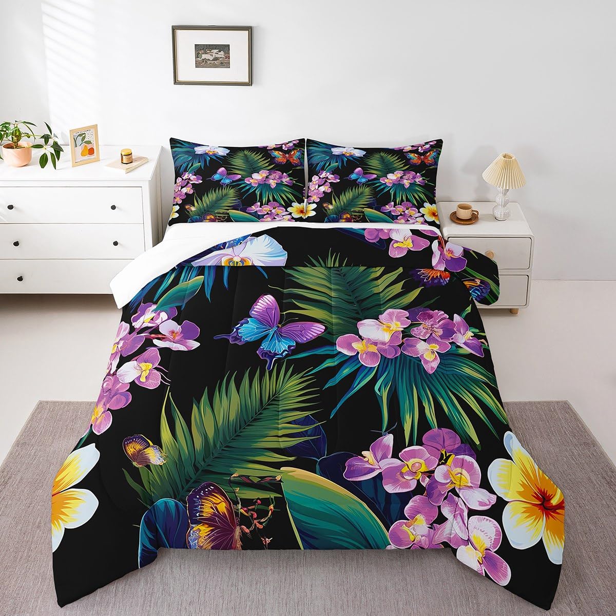 jejeloiu Butterfly Bedding Set Full Size Kids Tropical Leaves Comforter for Boys Girls Botanical Comforter Set Nature Summer Duvet Set Room Decorations Quilt Set
