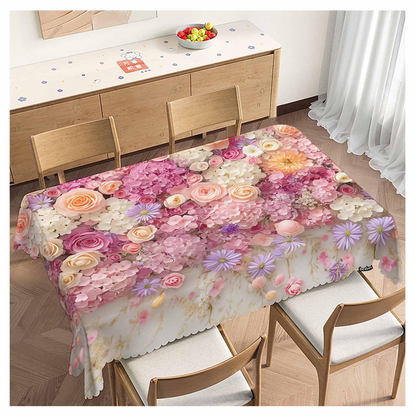 Beabes Rose Dinner Tablecloth Table Cover, Pink Wall Floral Roses Peonies Blossom 52x70 Inch Table Cloth Dust-Proof Table Cover Protector for Home Restaurant Picnic Camping BBQ