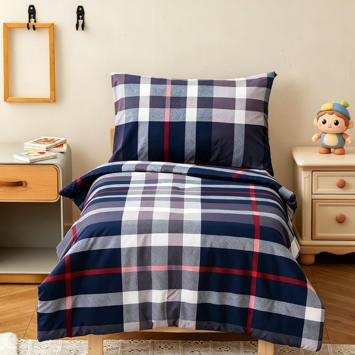 CLOTHKNOW 4Pieces Blue Plaid Toddler Bedding Sets for Boys Girls Tartan Grid Comforter Sets, Tartan Check Bedding, Soft Crib Bed Sets