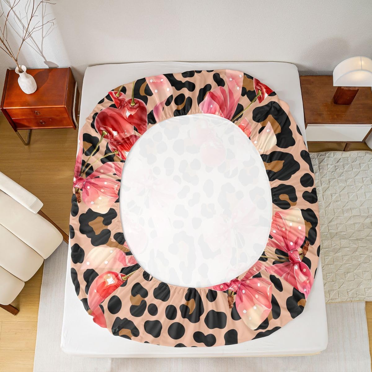 jejeloiu Brown Cherry Bow Fitted Sheet with 1 Pillowcase Twin Size Dreamy Princess Bowknot Bed Sheets Set 16" Deep Pocket Boys Girls Leopard Print Bowknot Bedding Teens Bedroom Decor Breathable