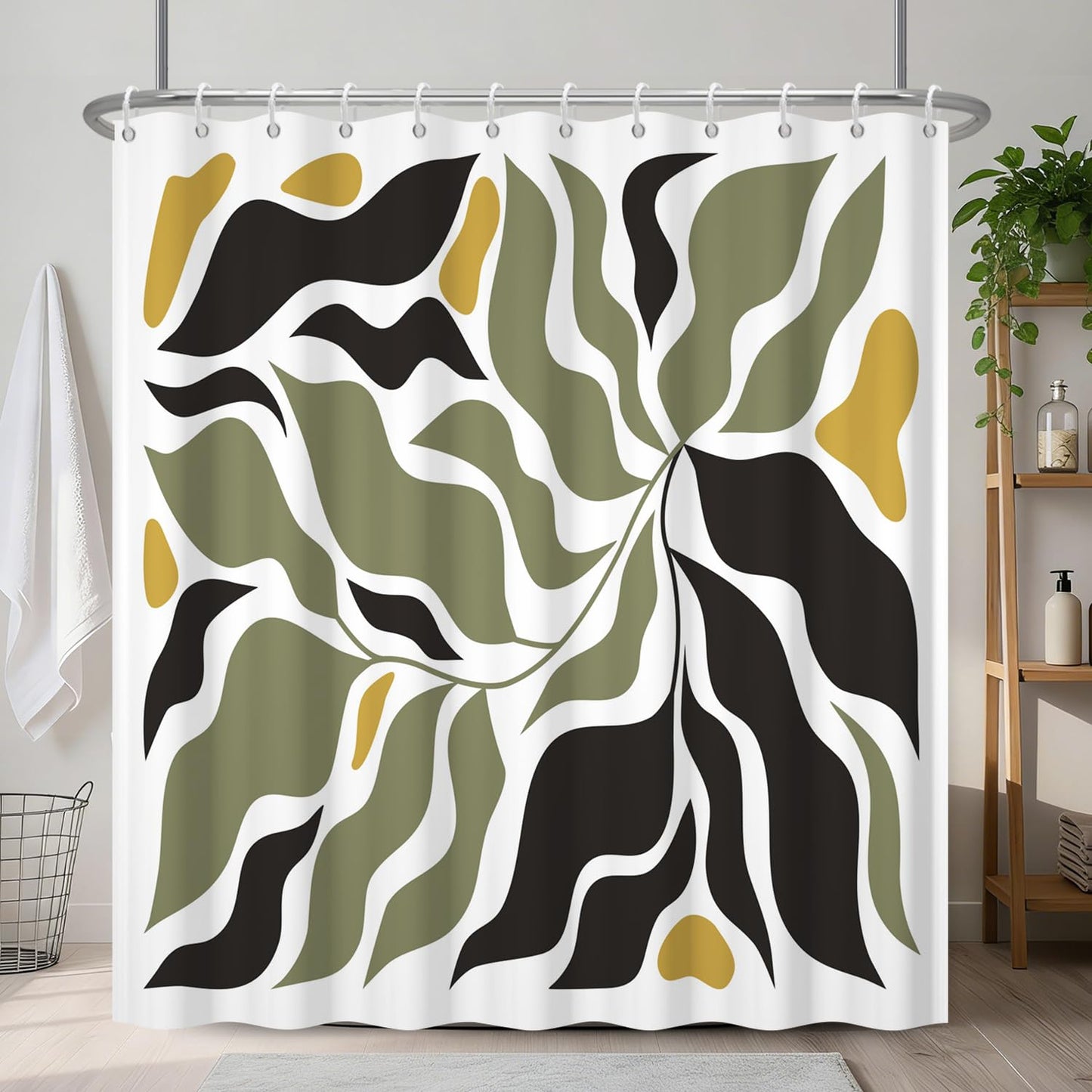 Olive Green and Black Abstract Leaf Shower Curtain, Modern Boho Plant Botanical Pattern Bathroom Curtains, Polyester Fabric Shower Curtain and Weighted Hem, Waterproof Washable with Hooks, 72x72 Inch