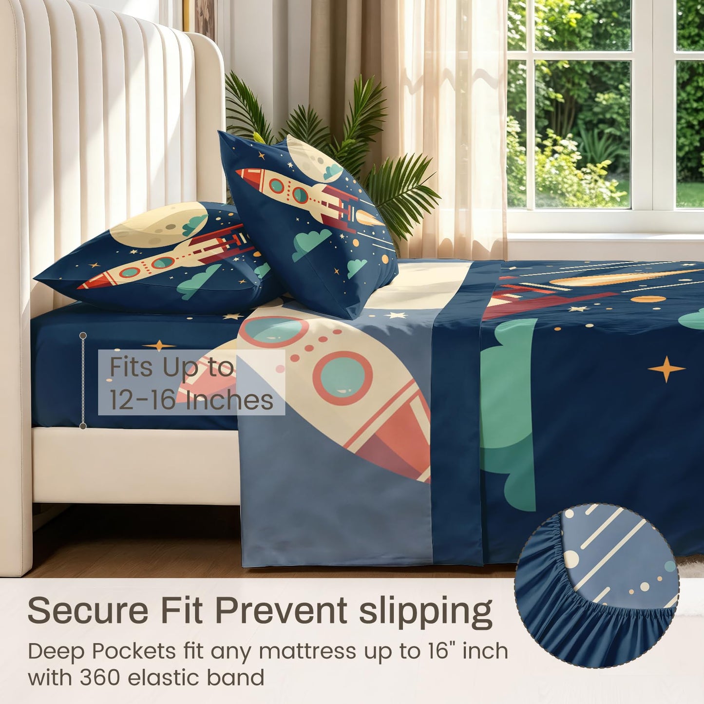 Rocket Ship Bedding Set 4 Pcs Kids Space Queen Sheets