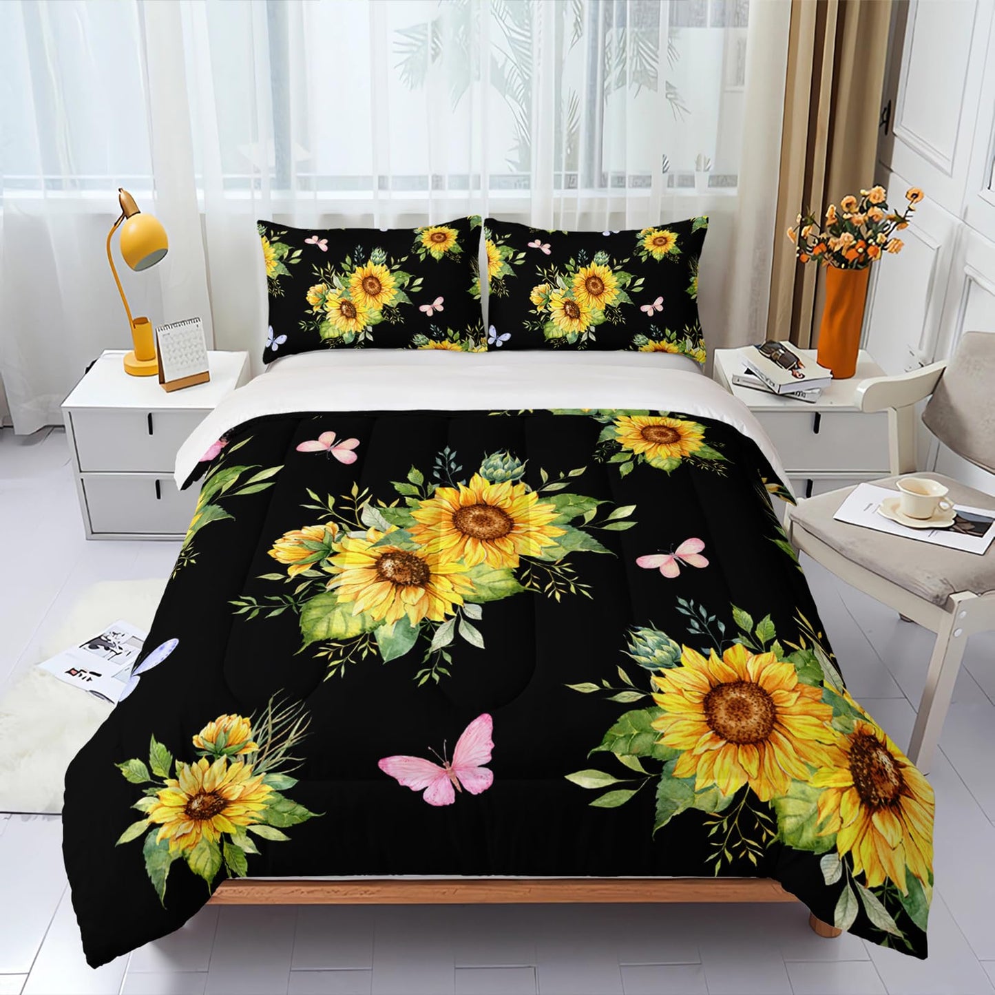 Nttopship Black 3 Piece Sunflower Comforter Sets Full Size, Farmhouse Floral Bedding Set for Girls Boys Adults,3 Piece Bed in A Bag, Ultra Soft Microfiber All Season Yellow Flower Bedding Set