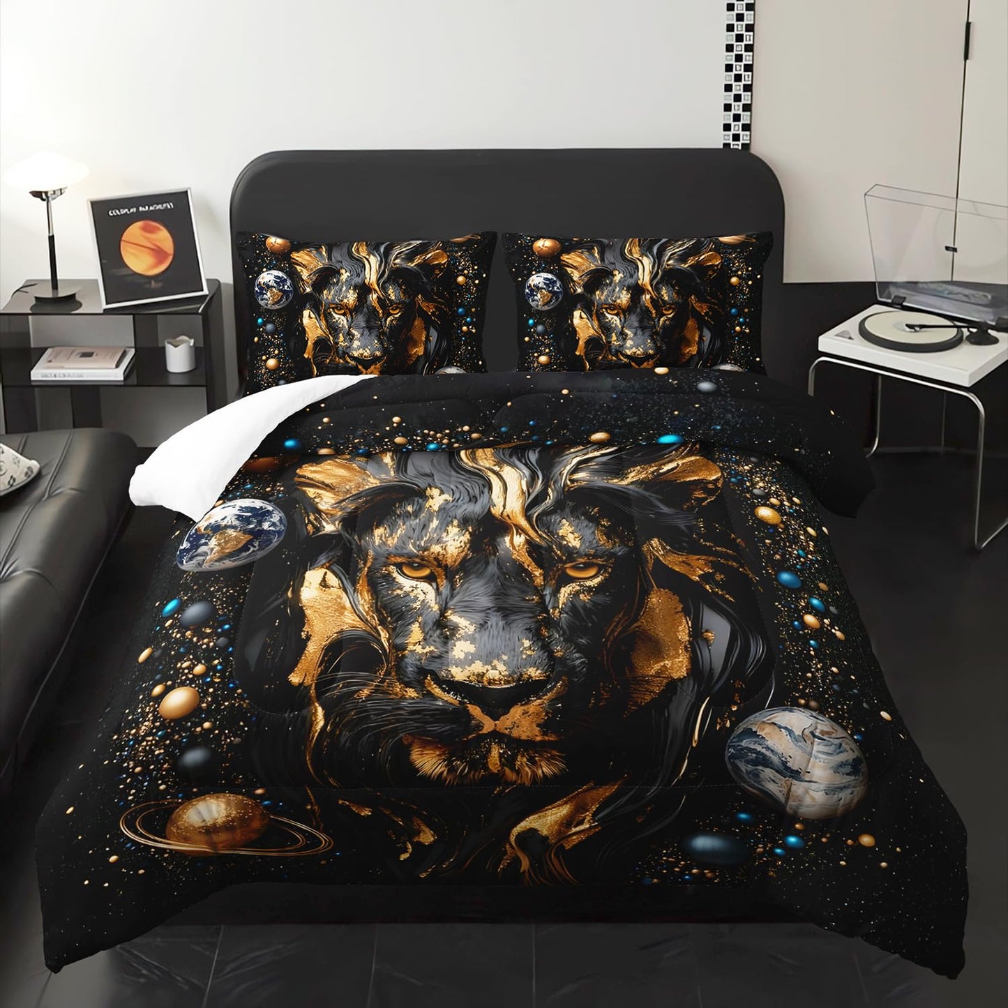 XYNHML 3D Black Golden Lion Theme Comforter 3Pcs Twin Outer Space Planet Earth Bedding Set for Kid Teen Girl Boy Adult Tropical African Wildlife Lion Quilt Bed Decor with 1 Comforter & 2 Pillowcases