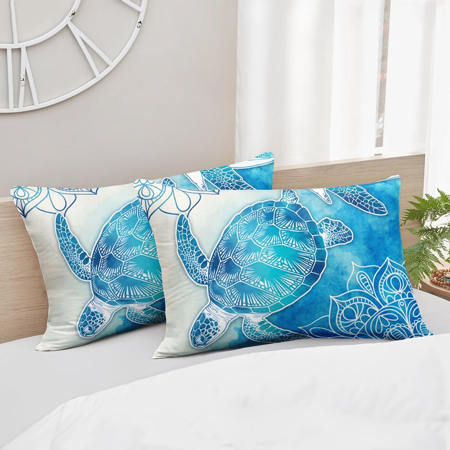 HOSIMA Sea Turtle Bedding Set,Coastal Beach Themed Bedroom Fitted Sheet Queen Size for Kids Teen Girls Boys Room Decor,1 Fitted Sheet+2 Pillowcases.