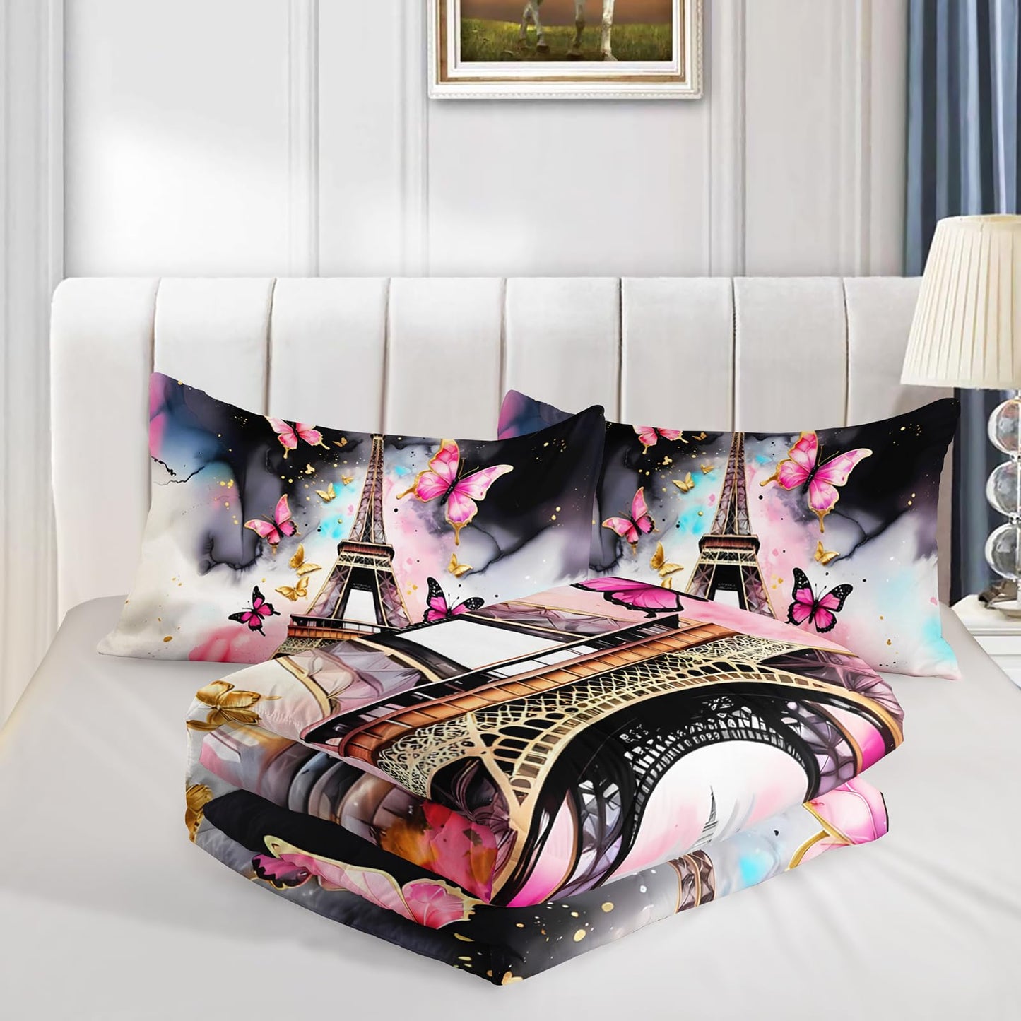 QOOMO Eiffel Tower Kids Full Comforter Set 3Pcs Pink Butterfly Bedding Set for Girls Boys Black and White Paris Printed Comforter with 2 Pillowcases Lightweight Microfiber for All Seasons