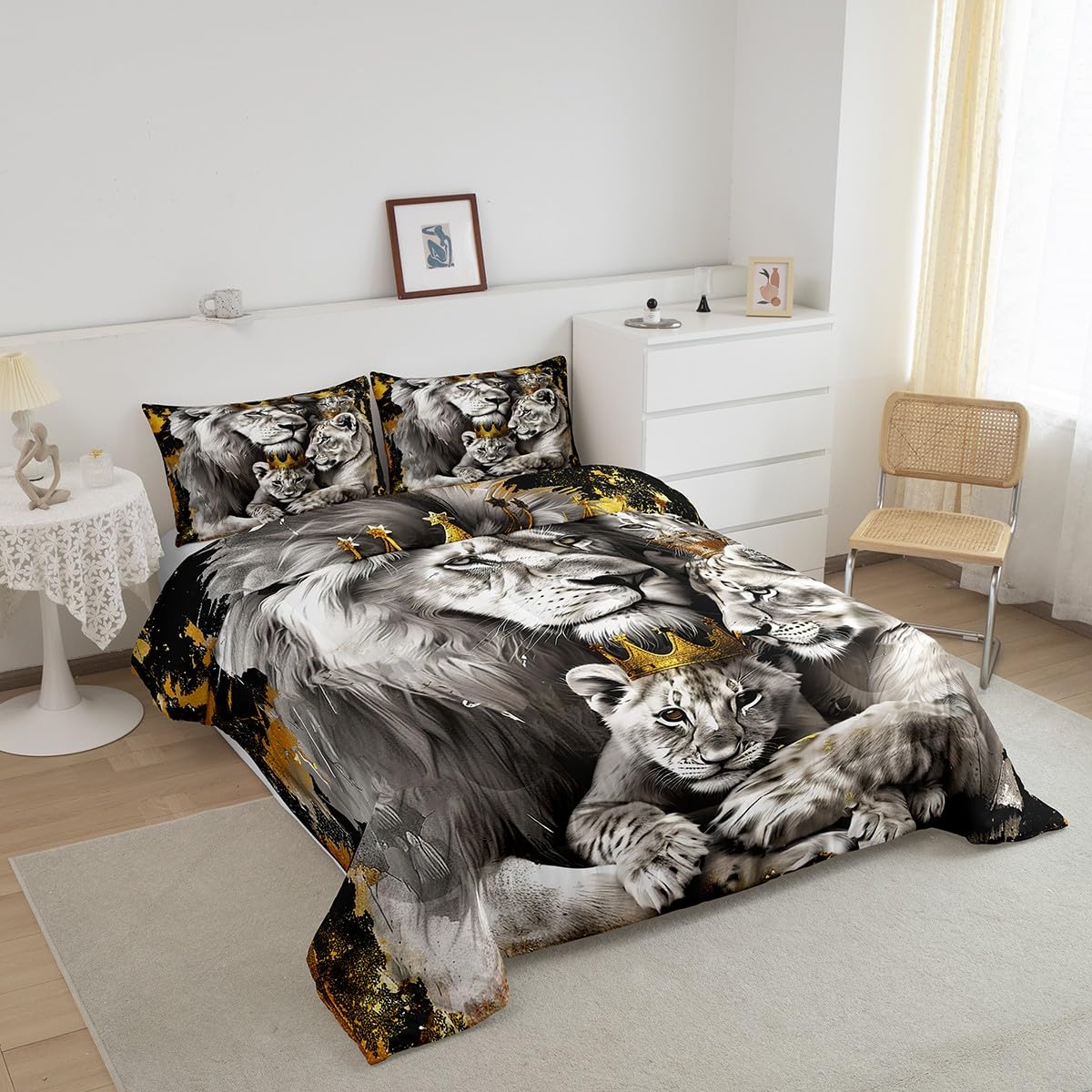 Manfei Lion Family Kids Comforter Set Twin Size,Gold King and Queen Crown Bedding Set,Boys Men Room Decor,Tropical Wild African Animal Hunting Adventure Down Comforter,Grey Duvet Insert,1 Pillowcase