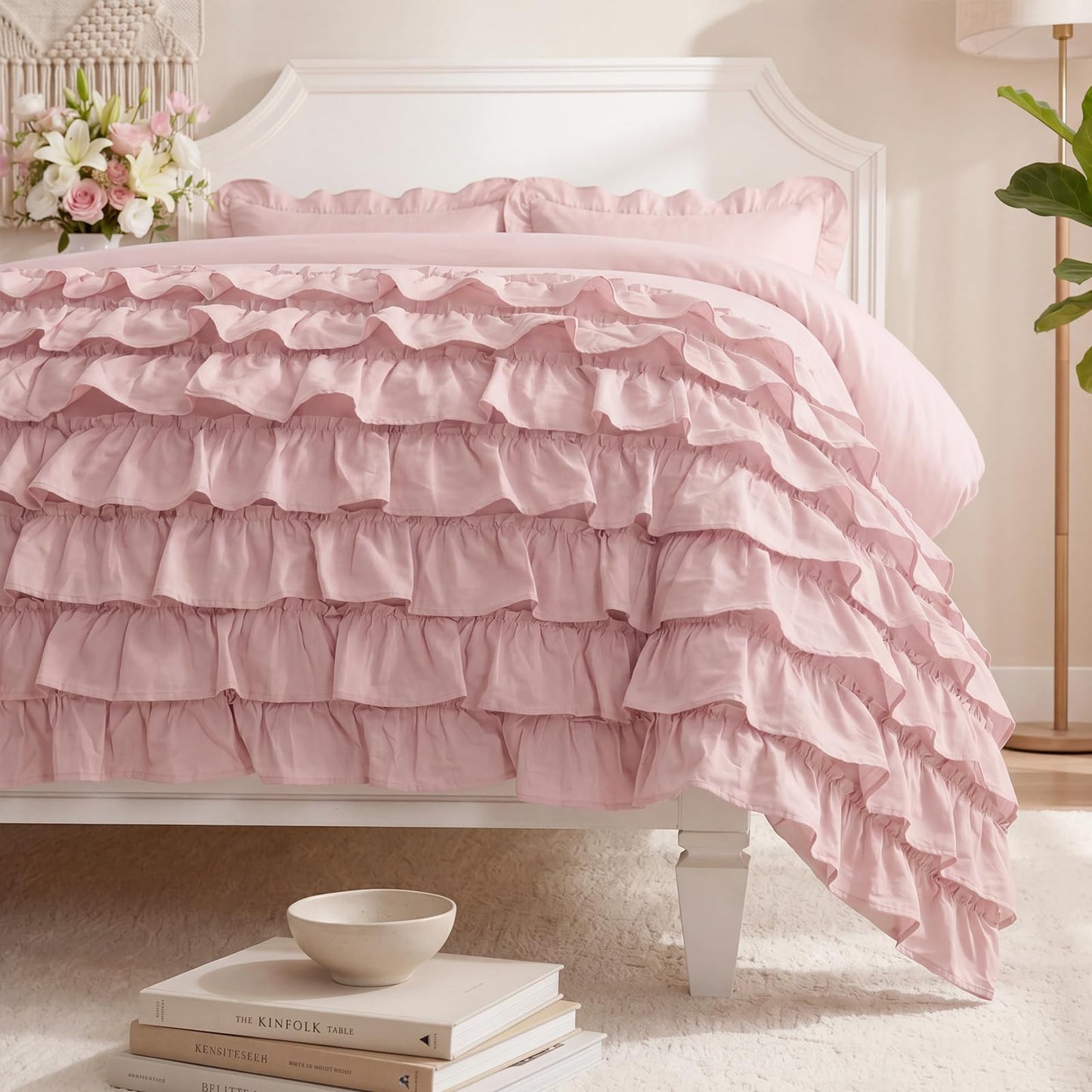 Bedorm 100% Cotton Duvet Cover Set King Pink Ruffle Bedding Set Multi-Layers Ruffled Design Shabby Chic Duvet Cover 3Pcs Soft Breathable Cotton Bed Set
