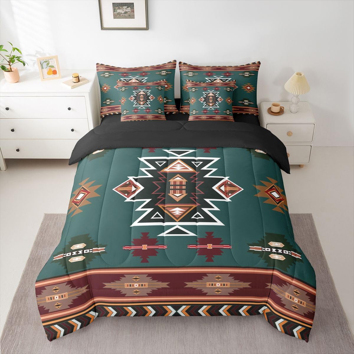 Erosebridal Western Twin Comforter Set with Sheets | Southwestern Decor Geometric 7-Piece Bedding Set Farmhouse Aztec Bed in a Bag, Stripes Diamond Triangle Bed Sets,Green