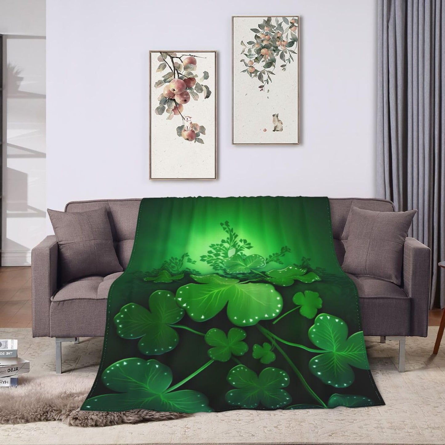 Dewoofly Green Clover Leaves Washable Fleece Throw Blankets, Saint Patricks Day Blanket for Bed Couch Sofa, All Seasons Home Camper Travel 60"x50"