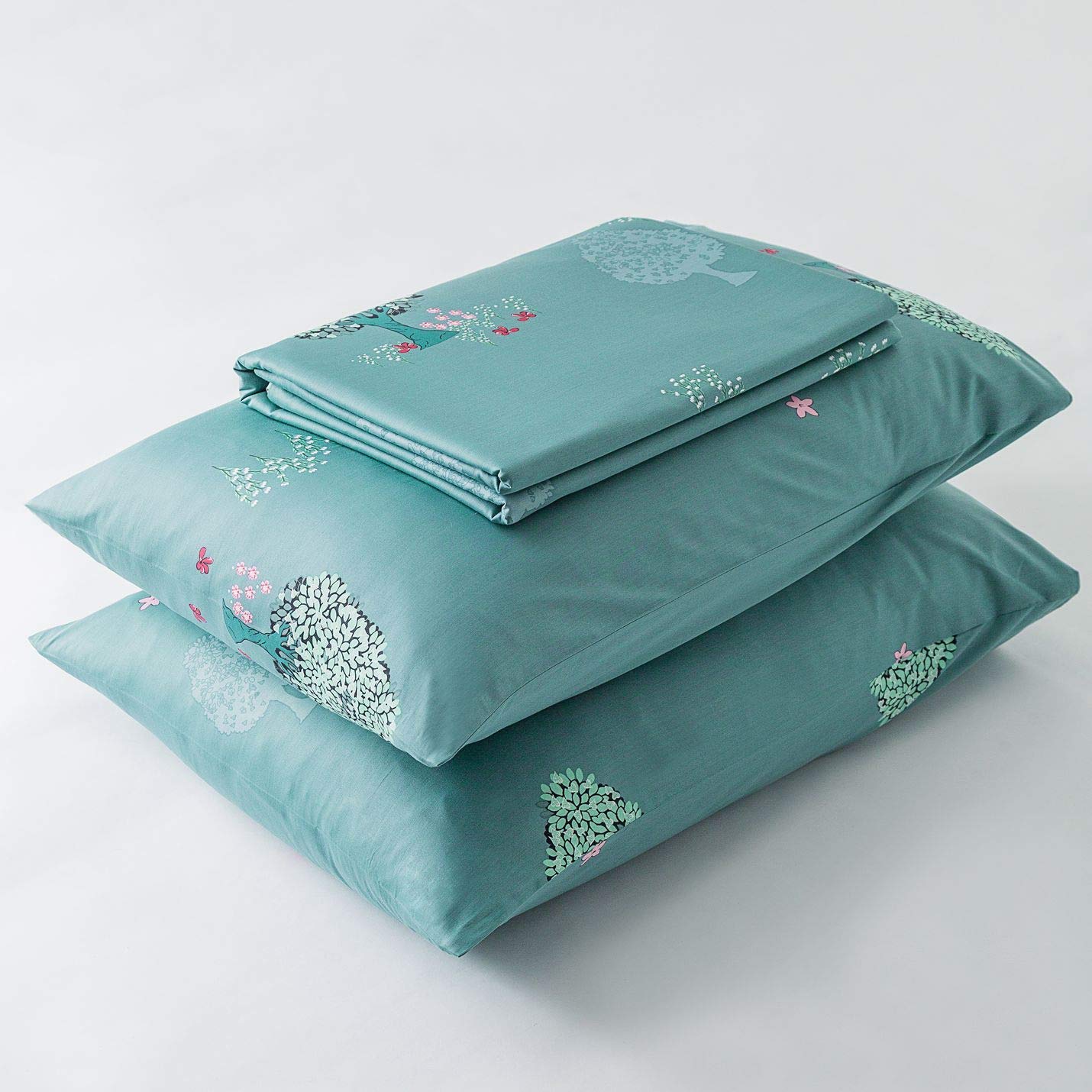 YuHeGuoJi Botanical Duvet Cover King 100% Egyptian Cotton 3 Pcs Set 1 Teal Green Tree Leaves Duvet Cover with Zipper Ties 2 Pillowcases Green Forest Plant Floral Bedding Set Soft
