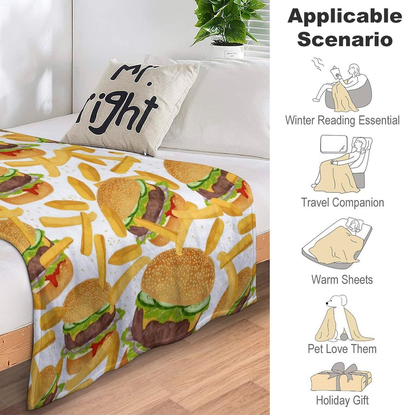 Hamburger French Fries Throw Blanket Burgers Food Funny Cute Meat Print Blankets Gifts Couch Sofa Bed Stuff Decor Soft Cozy Lightweight Fleece Plush Flannel Bedding for Lover Men Women Adults 40"x50"