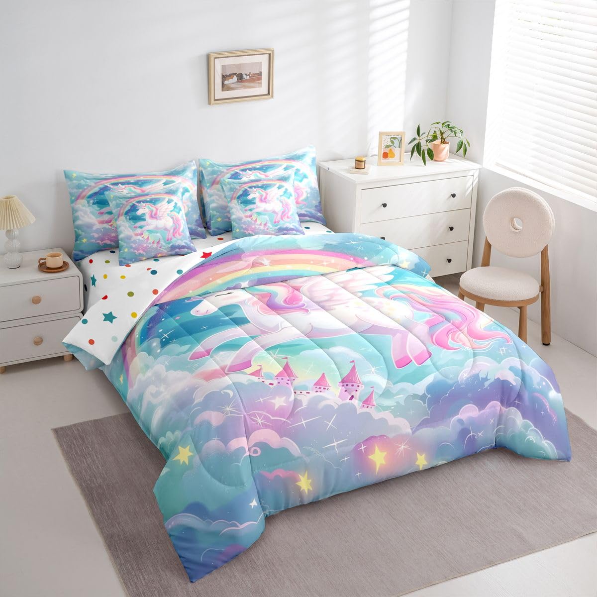 Feelyou Pink Unicorn Twin Comforter Set with Sheets for Kids Boys Girls Rainbow 7 Pieces Bedding Set Princess Decor Bed in a Bag Cute Animal Room Decor Soft Lightweight Microfiber