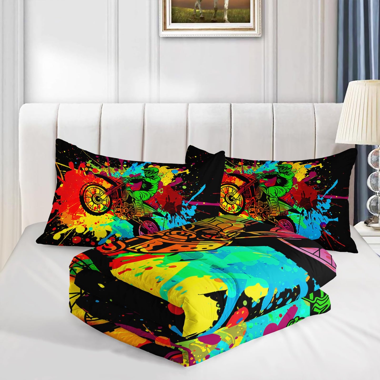 Axolotl Motocross Bedding Set Twin,Dirt Bike Comforter Set,Extreme Sports Bedding,Motorcycle Racer Comforter Set Motocross Comforter Motor Vehicles Biker for Boys Kids Teens Men,1 Quilt 2 Pillowcases