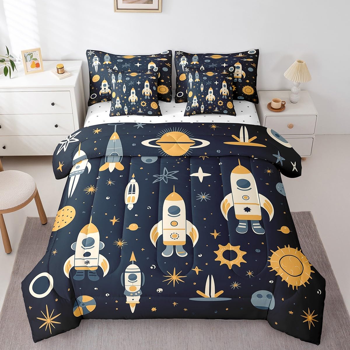 Erosebridal Solar System Full Comforter Set 7-Piece Universe Stars Bedding Sets,Rocket Bed in A Bag for Kids Cartoon Planets Style Bed Sheets Set Lightweight Soft Room Decorative,for All Season