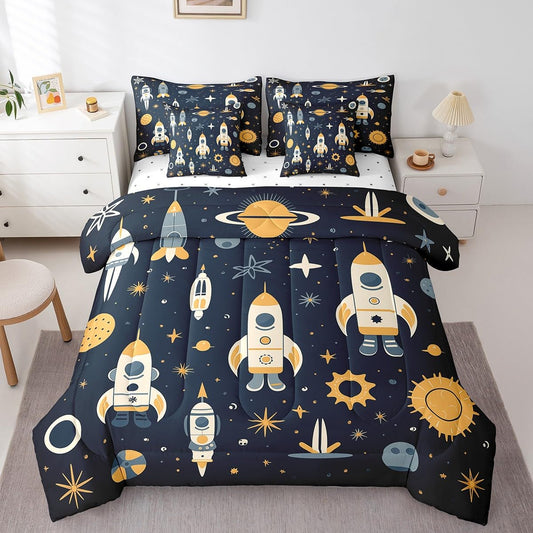 Erosebridal Solar System Full Comforter Set 7-Piece Universe Stars Bedding Sets,Rocket Bed in A Bag for Kids Cartoon Planets Style Bed Sheets Set Lightweight Soft Room Decorative,for All Season