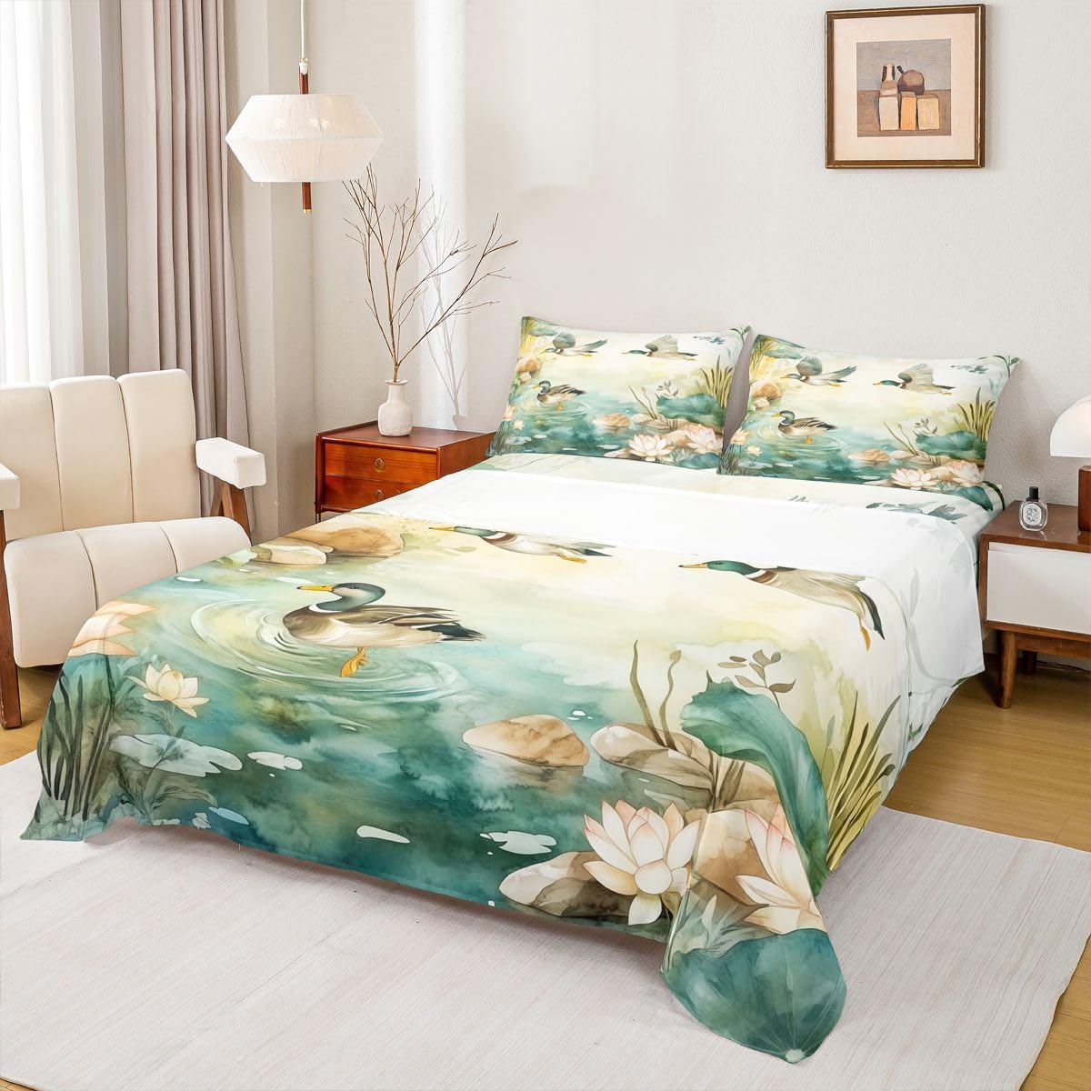 Erosebridal Wild Duck Sheet Set Full | Hunting Wild Animal Bed Sheets for Kids Boys Girls Natural Rustic Design Flat Fitted Sheet Lodge Cabin Farmhouse Sheets 3 Pcs