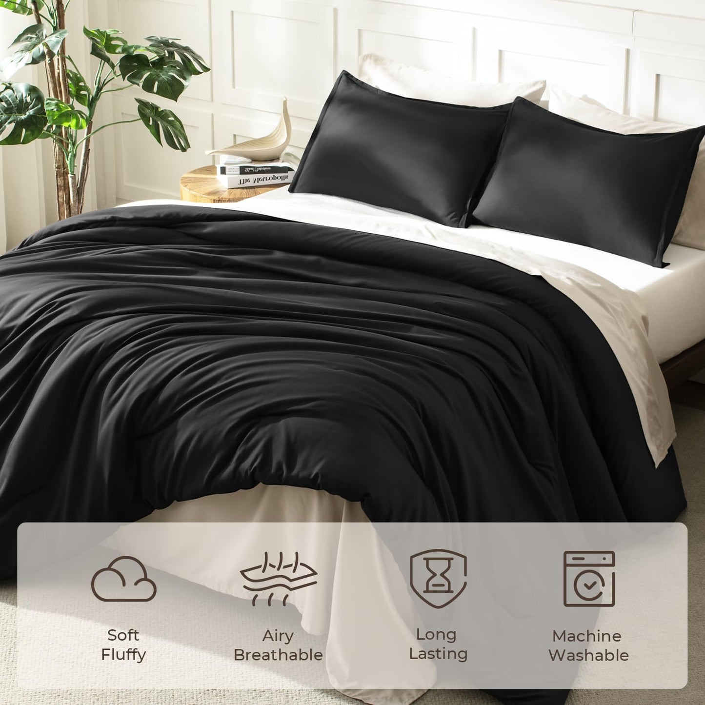 Litanika Black Comforter King Size, 3 Pieces Lightweight Solid Bedding Comforter Set, All Season Fluffy Bed Set (104x90In Comforter & 2 Pillowcases)