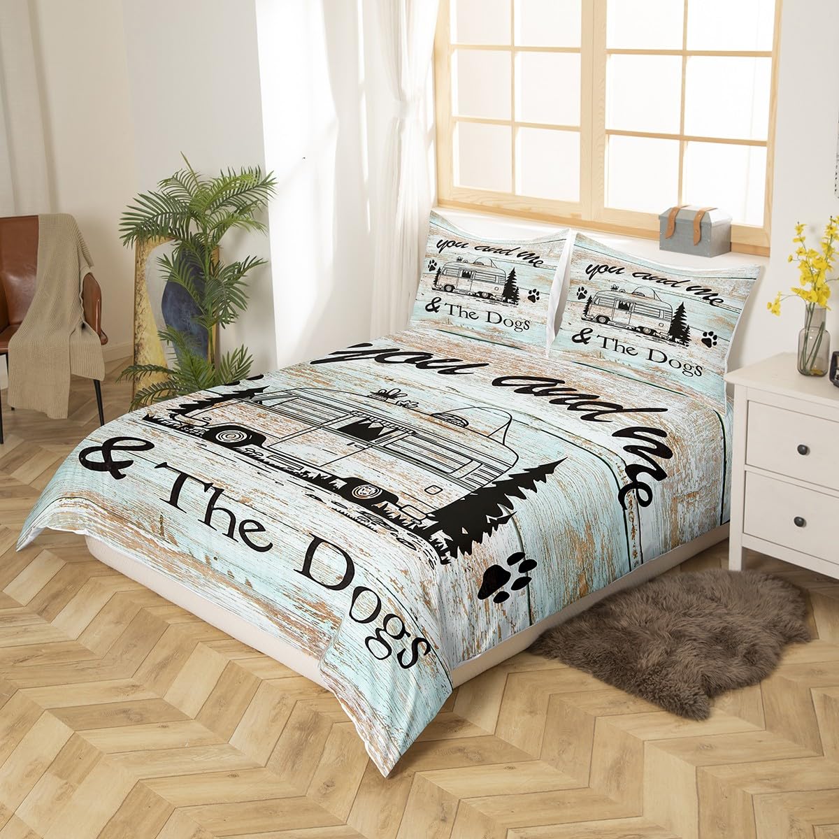 Happy Camping Duvet Cover Set Queen Size, Camper Truck Bedding Set 3pcs for Kids Boy Girls, Adventure Theme Dog Lover Comforter Cover Rustic Farmhouse Quilt Cover with 2 Pillowcases,No Comforter