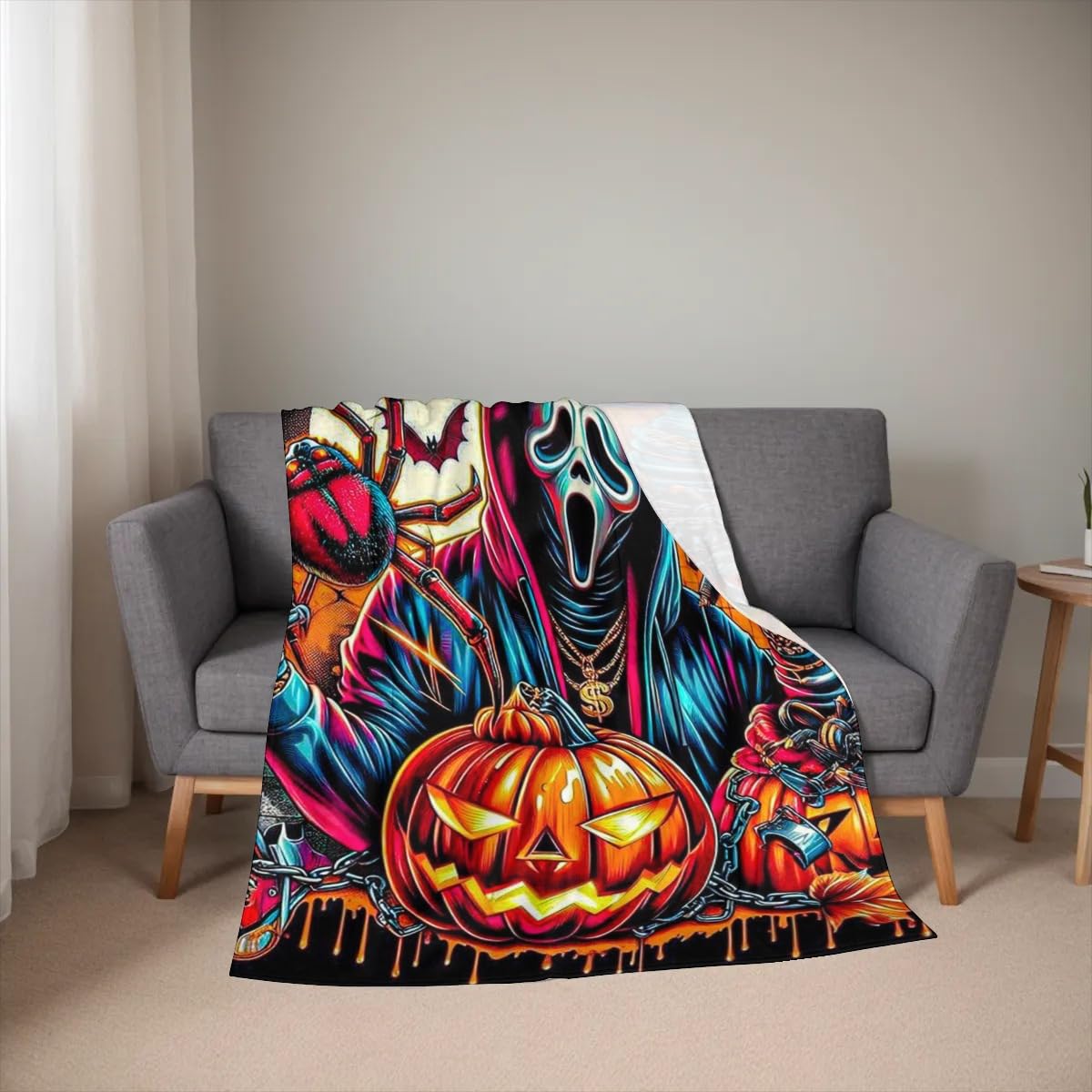 Halloween Ghostface with Pumpkins and Spiders Flannel Throw Blanket, 40"×50"（100 * 125cm Soft Anti-Pilling Fleece Blanket for Couch, Sofa, Bed, Lightweight and Breathable for Home, Office, Travel