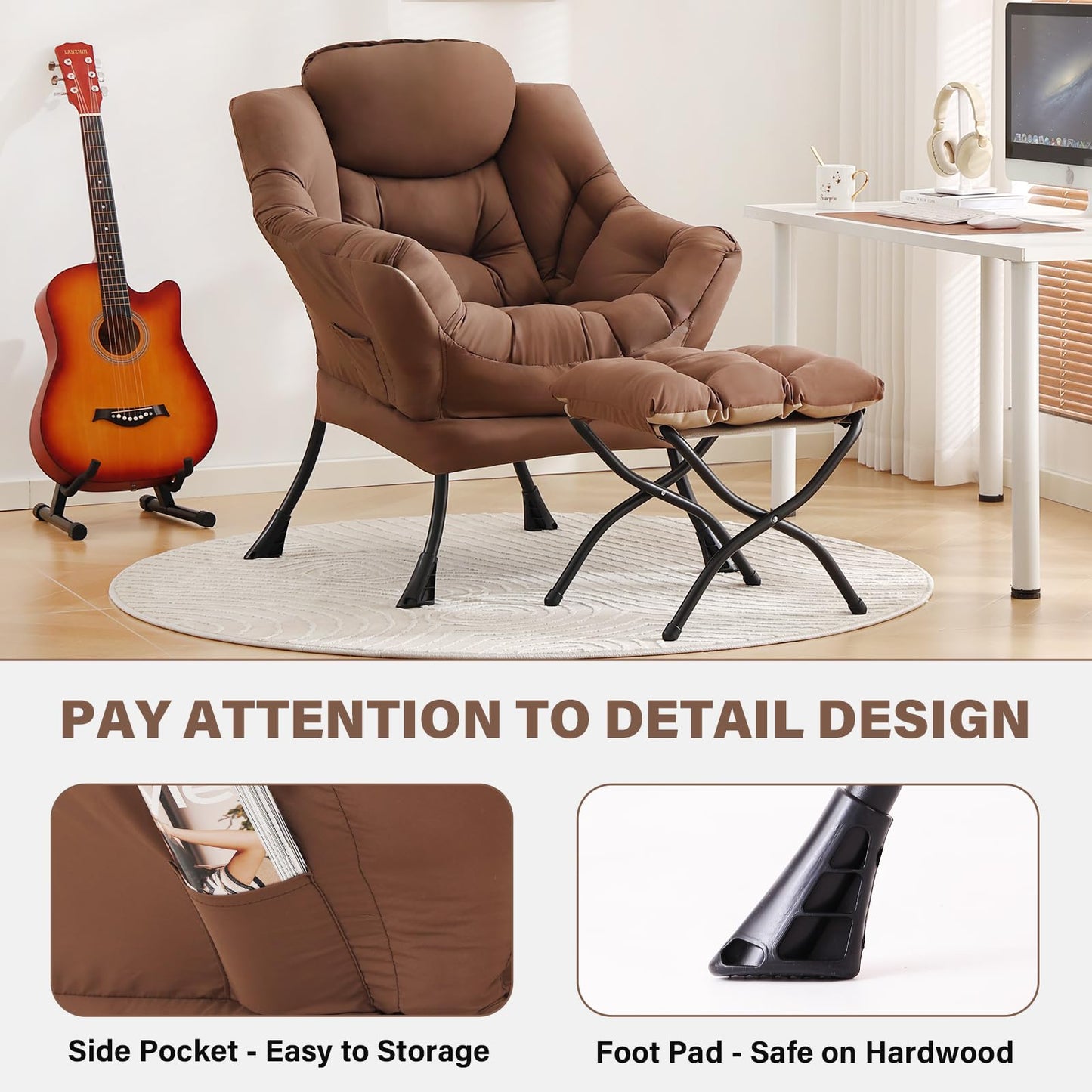 Tiita Lazy Chair with Ottoman, Brown Modern Large Accent Chair, Comfy Leisure Sofa Armchair with Ottoman, Reading Chair with Footrest for Bedroom, Living Room, Dorm Rooms, Brown