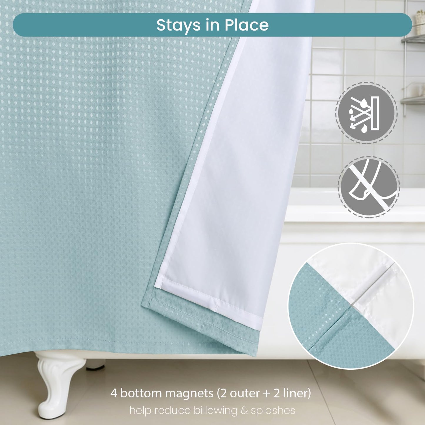 DRIFTED ROOT No Hook Shower Curtain Set with Snap-in Detachable Liner, 230 GSM Waffle Weave Fabric, Heavy Duty Water-Repellent, Pale Blue, 72 x 74 Inch