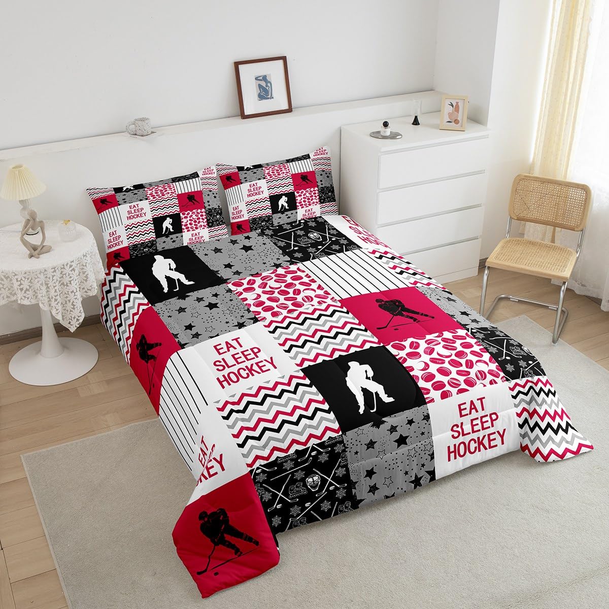 Erosebridal Ice Hockey Down Comforter, Hockey Player Comforter Set Full for Teens Kids Boys Men, Geometric Plaid Grid Bedding Set Sports Games Duvet Sets with 2 Pillow Cases, Black White and Red