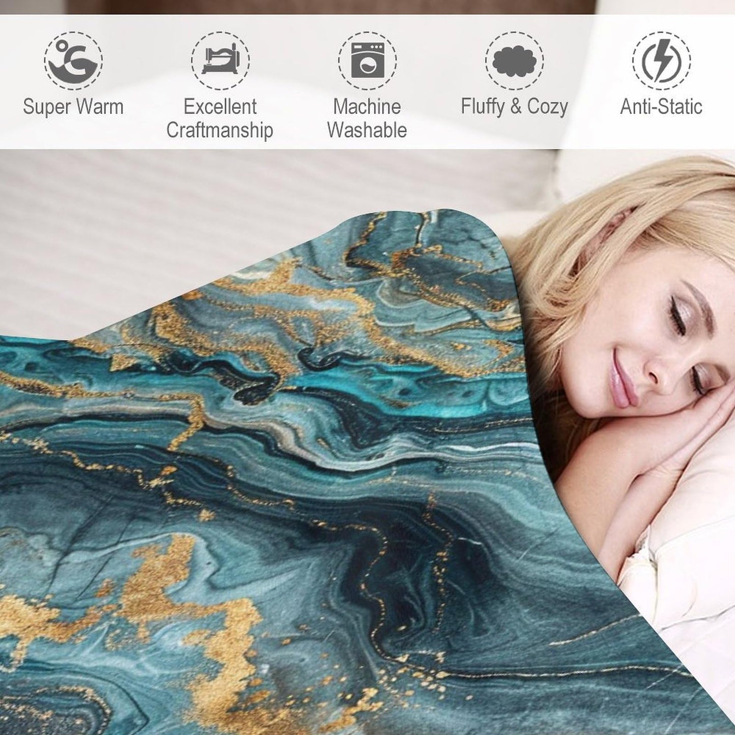 Marble Throw Blanket, Modern Abstract Foil Stone Texture Teal Gold Marble Super Soft Fuzzy Fluffy Blanket for Couch & Bed, Cozy Sofa Warm Blanket for Travel Camping 40"x50"