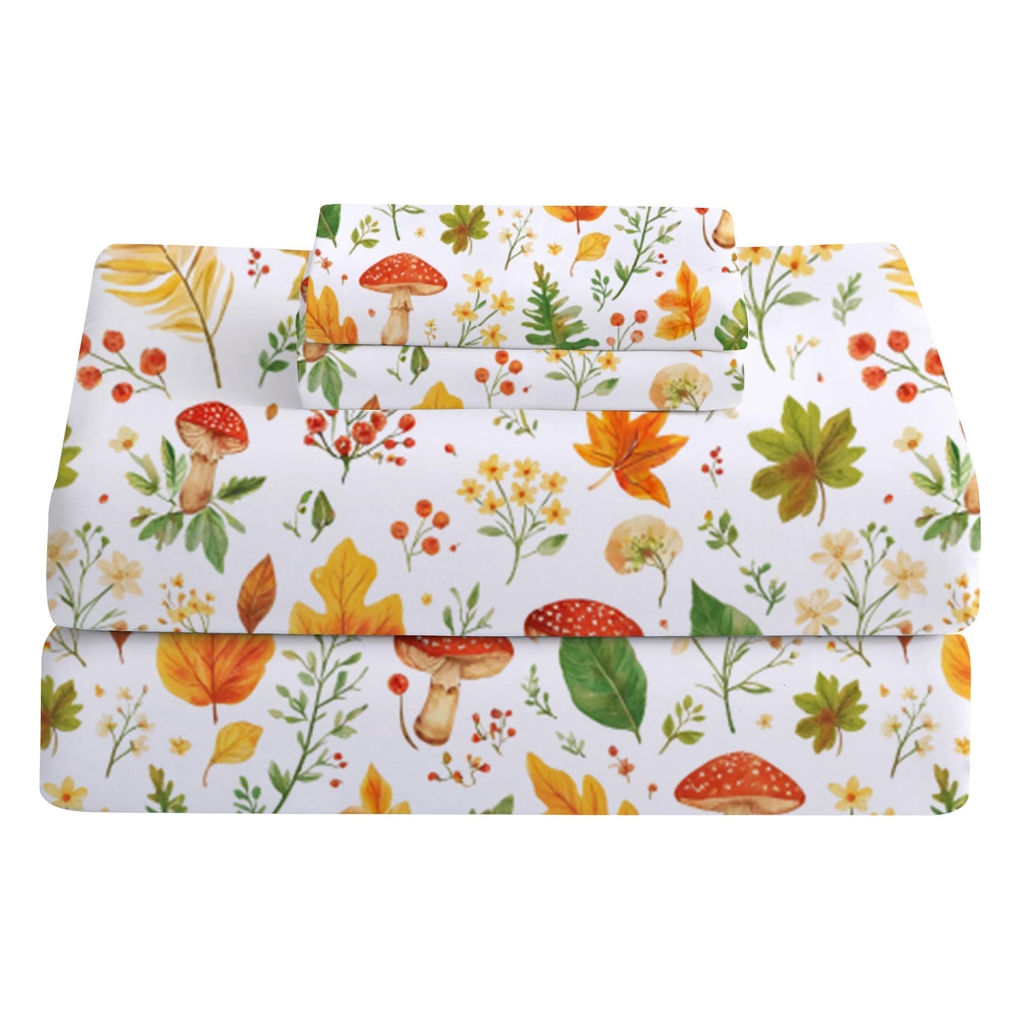 Softan Orange Floral Full Size Sheet Set, Printed Microfiber Fitted Sheet with 15" Deep Pockets & Non-Slip Straps, Maple Leaves & Mushroom Patterned Double Bedding Sheets & Pillowcase Set