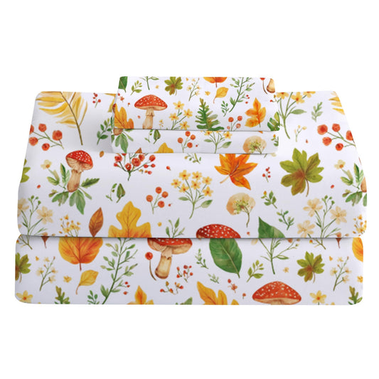 Softan Orange Floral Full Size Sheet Set, Printed Microfiber Fitted Sheet with 15" Deep Pockets & Non-Slip Straps, Maple Leaves & Mushroom Patterned Double Bedding Sheets & Pillowcase Set