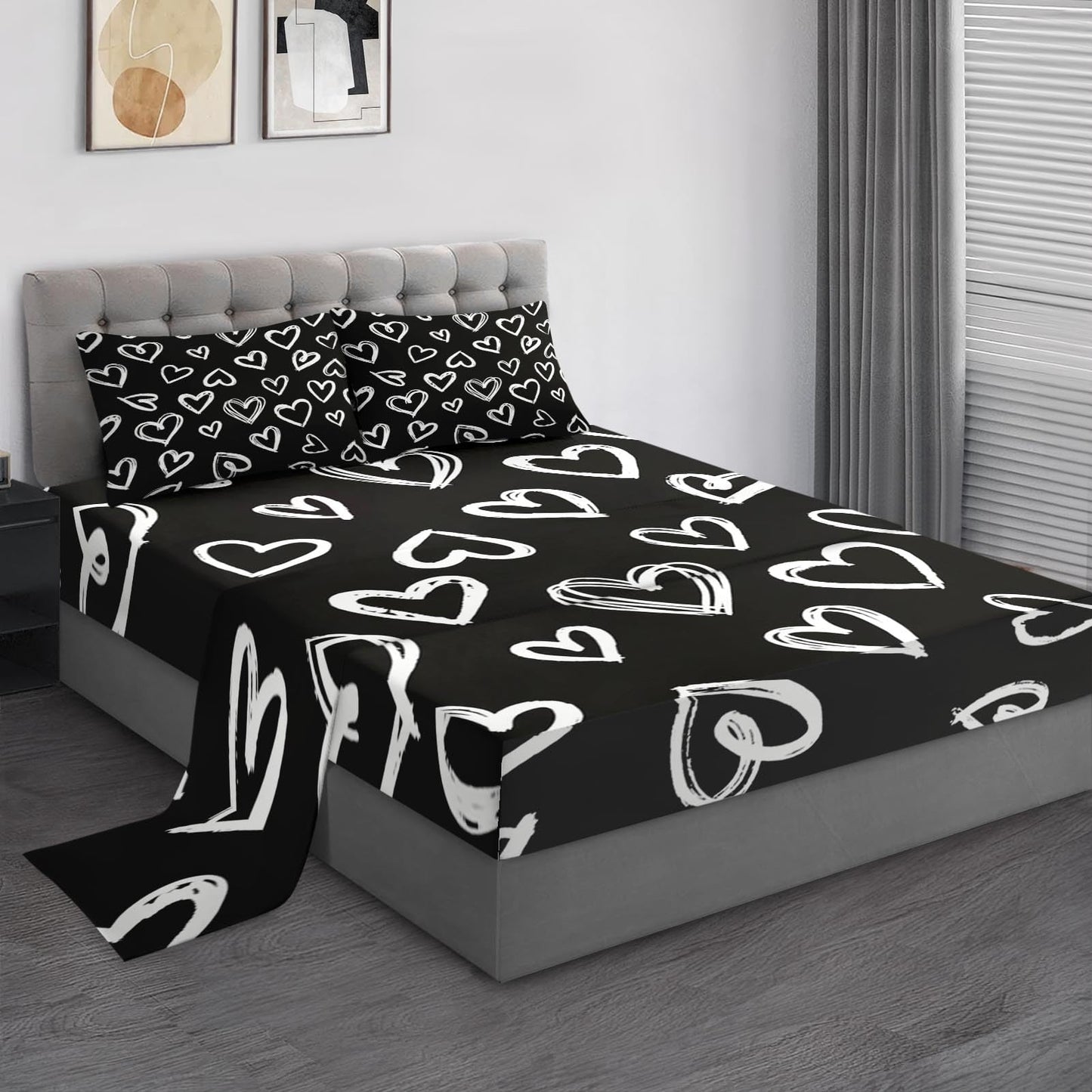 Pamnest Twin Size Bed Sheet Sets, Love Cute Soft Microfiber 3 Pcs Bedding Sets for Kids and Adults Bedroom Bed Decor, Heart White Flat, Fitted Sheet and Pillowcases