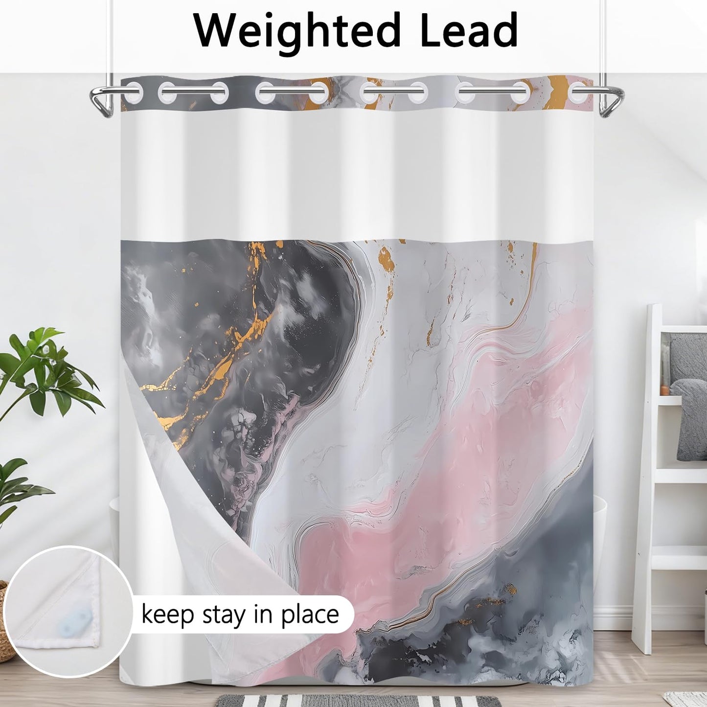 Xiazhilaio No Hook Marble Shower Curtain with Snap in Liner 71x74 Inch