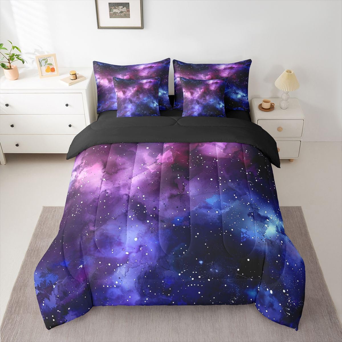 Erosebridal Universe Space Comforter Set Galaxy Bed in A Bag Queen Size 7 Pieces Purple Blue Starry Sky Bed Set Room Decor Outer Space Nebula Bedding with Sheets