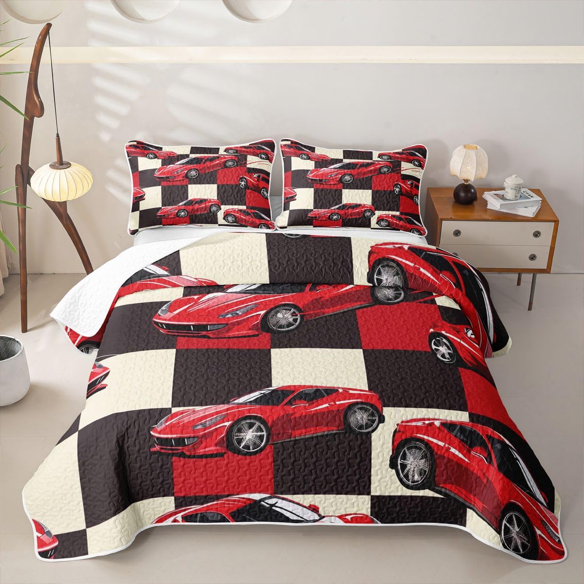 Erosebridal Red Racing Car Quilt Twin Cool Speed Race Car Quilt Set for Kids Boys Teens Adults Extreme Sport Coverlet Grid Buffalo Bedspread with 1 Pillowcase