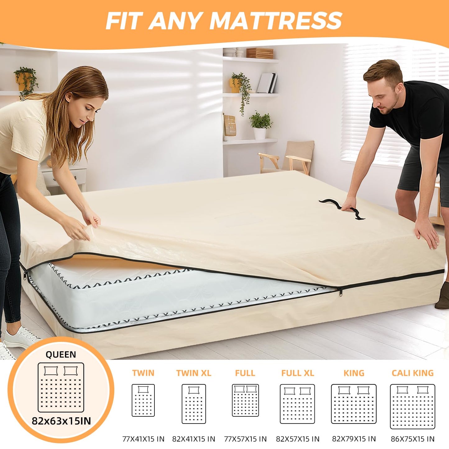 BAGAIL Mattress Bags for Moving, Mattress Covers with Heavy Duty Handles, Reusable Mattress Storage Bag for Moving Supplies(Beige, Queen)