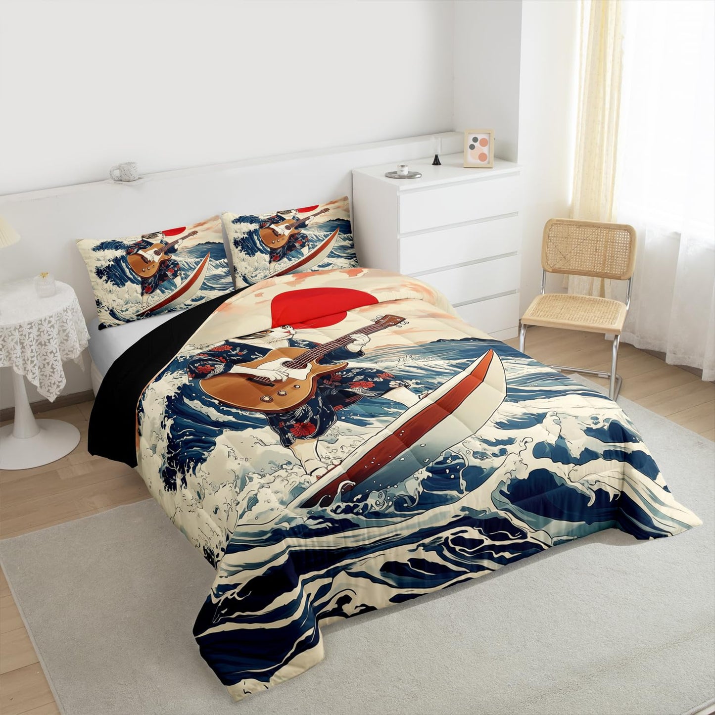 Erosebridal Japanese Cat Guitar Player Bedding Set Queen Rock Music Theme Comforter Set for Kids Boys Girls Nautical Surfing Down Comforter,Cute Animal Quilt Duvet