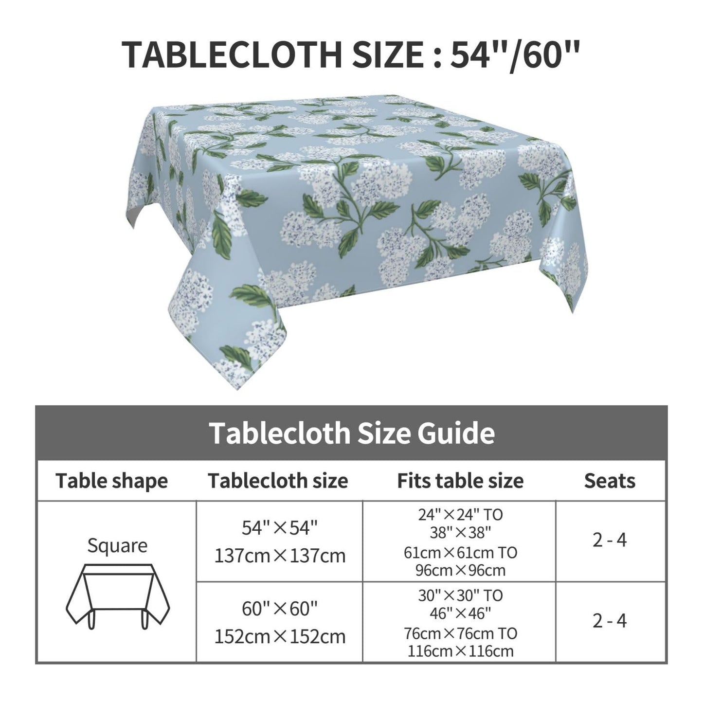 Light Blue Floral Square Tablecloth 54x54 Inch Blue Green Hydrangea Flower Table Cloth Spring Summer Holiday Table Covers Polyester Indoor Outdoor Farmhouse Tablecloths for Kitchen Dining Party