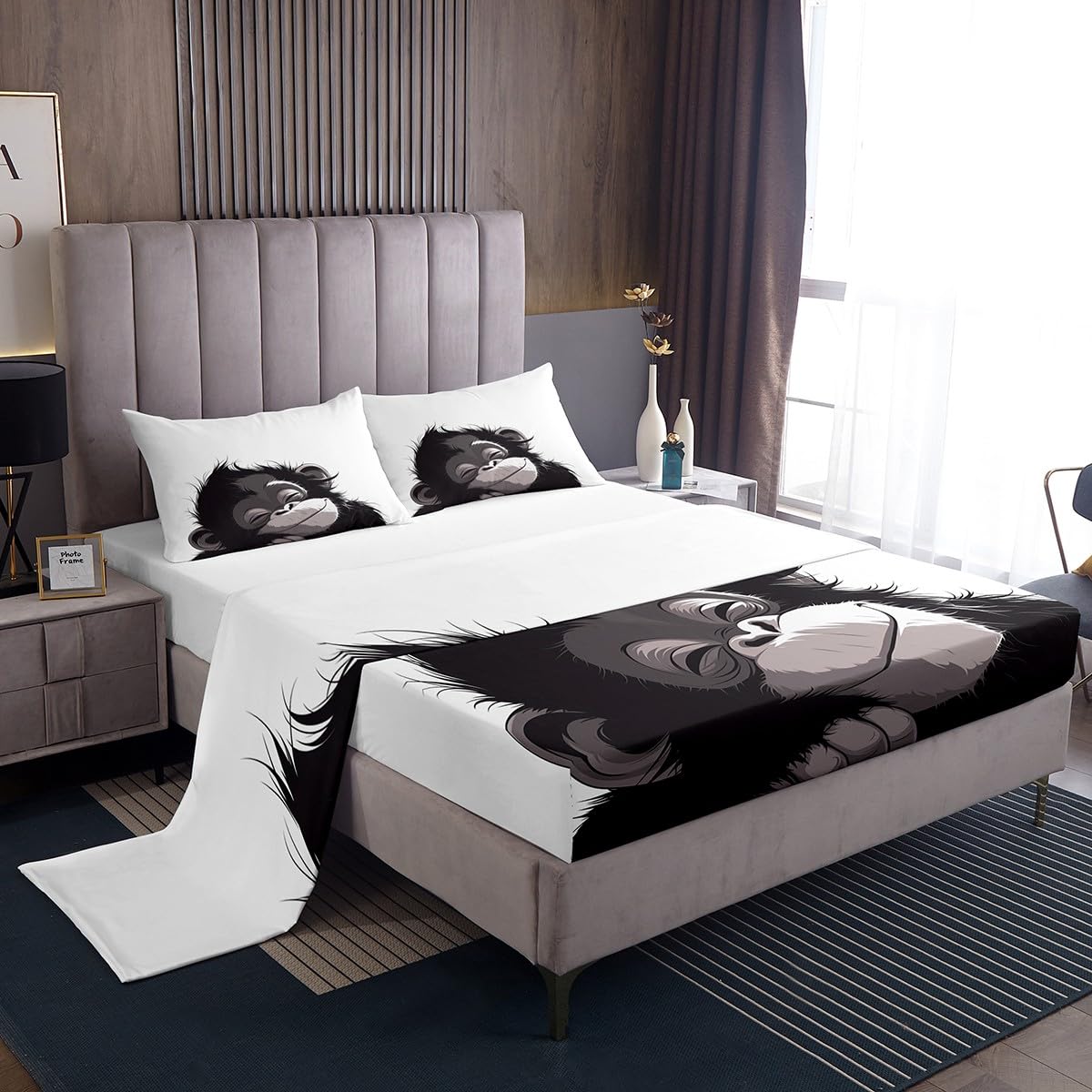 Erosebridal Gorilla Bed Sheets Set Cartoon Wildlife Sheets,Minimalist Sketch Sheet Set Full,Abstract Art Monkey Flat Sheet Wild Animals Cute Room Decor