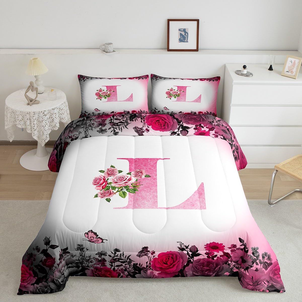 jejeloiu Letter Flowers Comforter Set Queen Size for Kids Teens Girls Woman Personalized Initial L Bedding Set Ultra Soft Monogrammed Duvet Quilt Black Pink Floral Rose Butterfly Duvet Modern Fashion