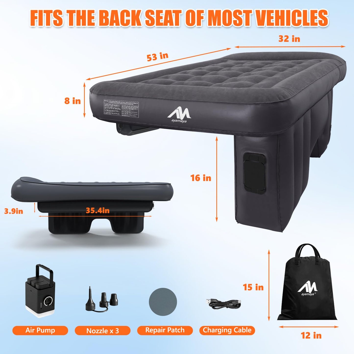 AYAMAYA Car Air Mattress Back Seat, Inflatable Car Bed with Built-in Cordless Rechargeable Air Pump for SUV, Sedan, All-in-One Car Mattress with Pillow & Support Column for Camping, Road Trip, Travel
