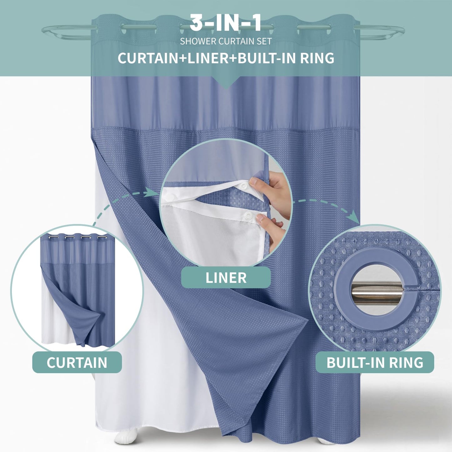 eachope MoonLightBlue No Hook Waffle Weave Shower Curtain with snap-in Liner Replacement, 230GSM Waterproof Fabric Hotel Shower Curtain Set for Bathroom, Through Mesh Top Window,71Wx74H